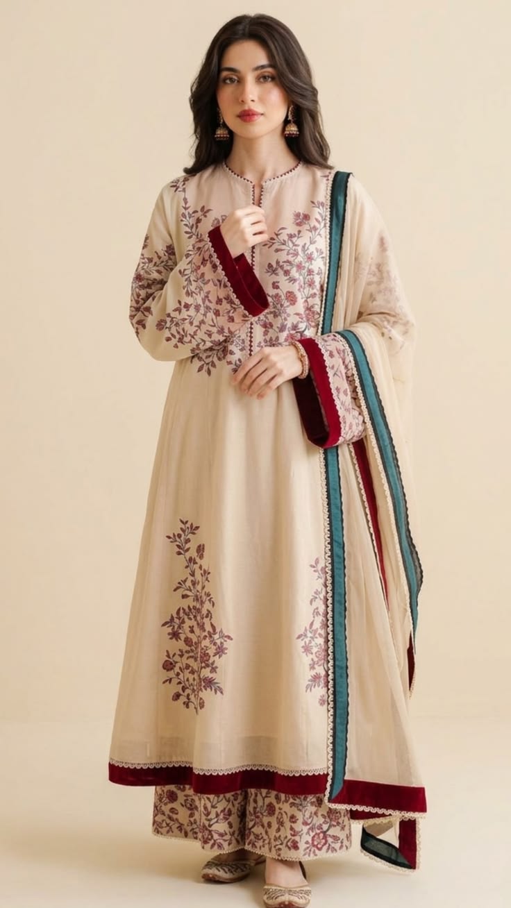 Ivory Floral Three-Piece with Maroon Trim