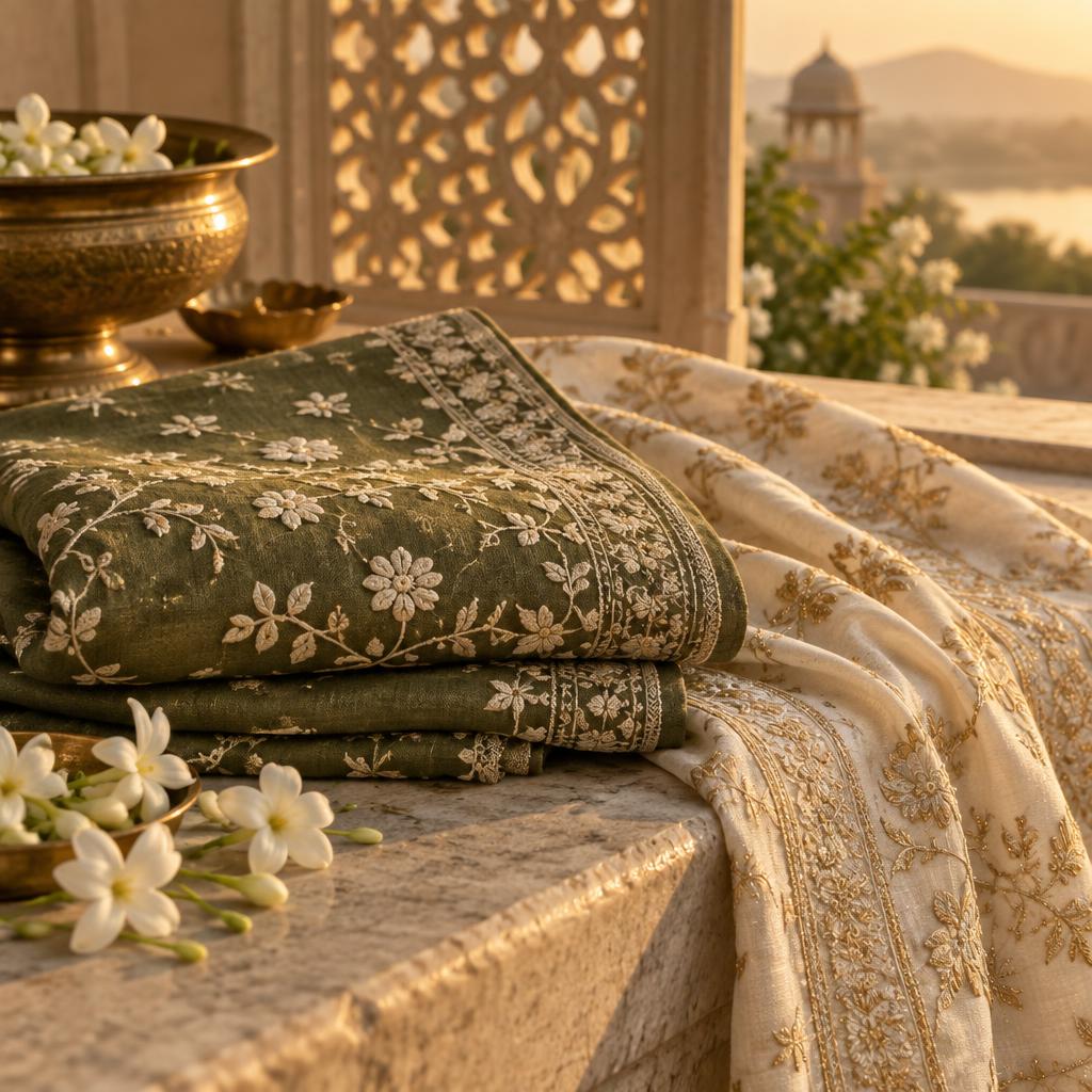 Olive and ivory embroidered fabrics with jasmine flowers